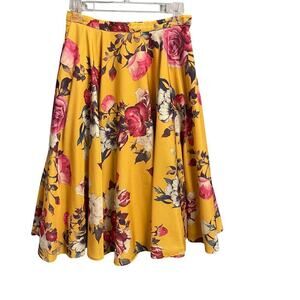 ModCloth Yellow Ikebana Floral Skirt Size XS A Line Twirl Midi Pockets